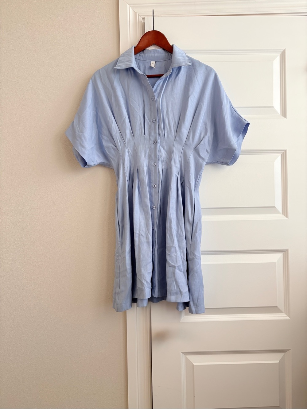 Glam Blue Shirt Dress M Pleated feminine Waist Coastal Preppy Mini